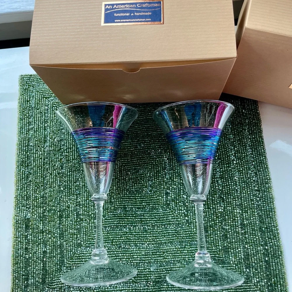 Venetian Wine Glass, Rainbow spun by An American Craftsman, MINH -Set of 2 NIB